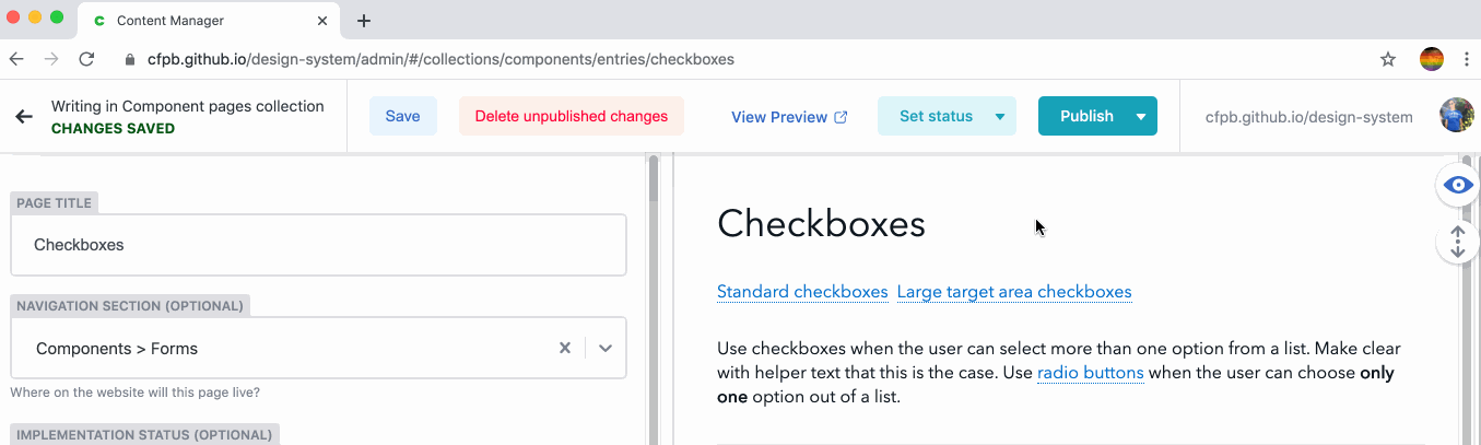 Screenshot showing how to publish Netlify CMS changes